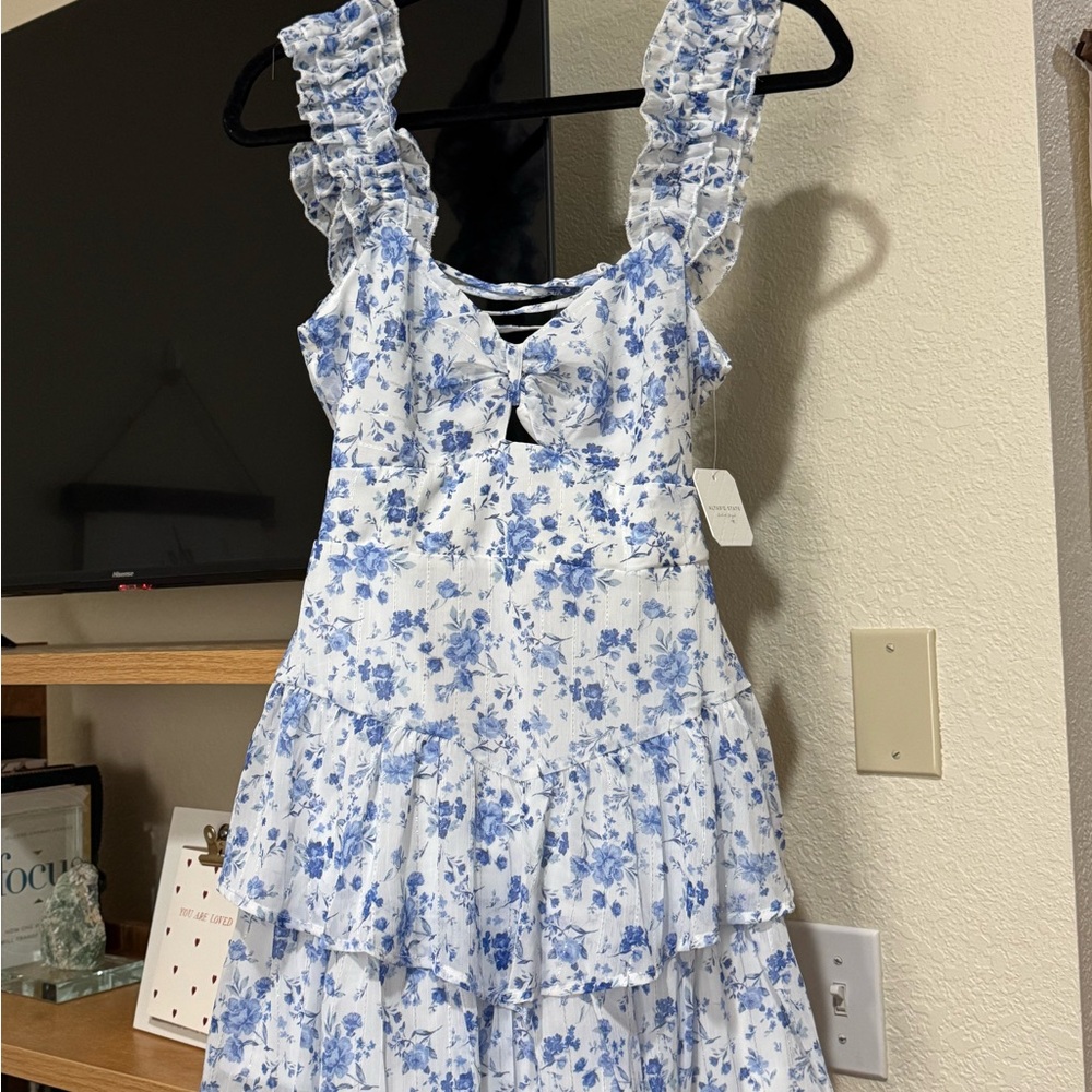 Altar’d State Blue and White Floral Ruffle Mini Dress Size Small